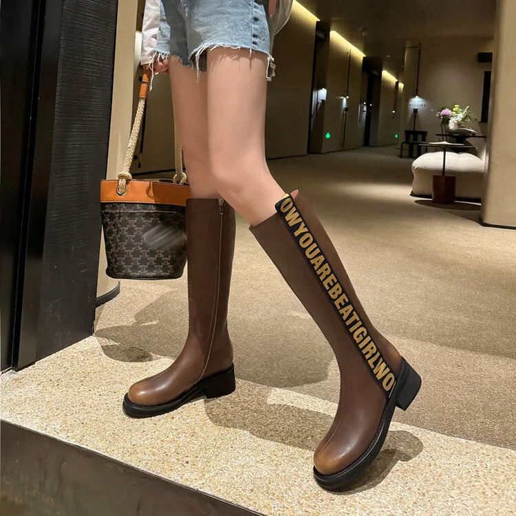 Winter chunky heel round toe high-top boots, retro cowhide casual comfortable women's boots, 9-3k side zipper boots