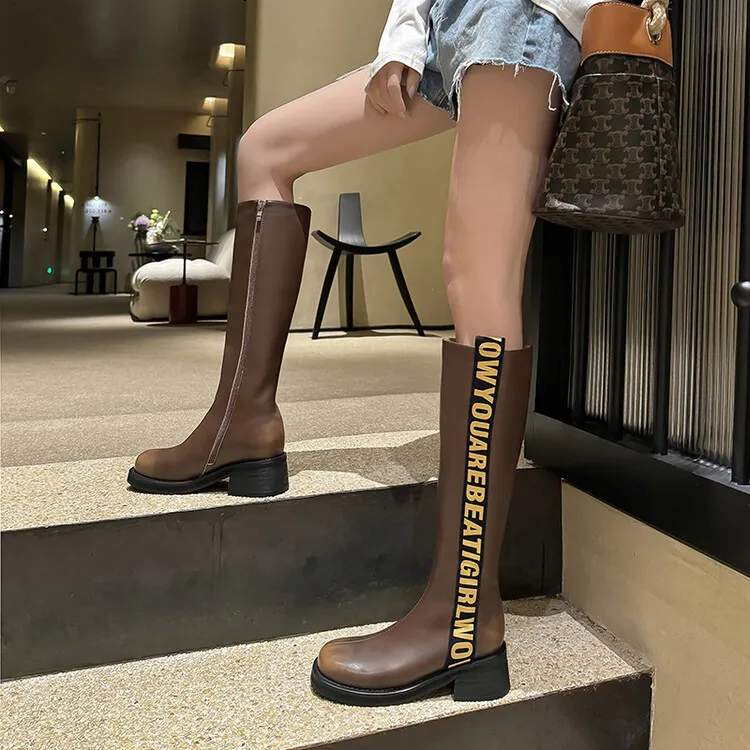Winter chunky heel round toe high-top boots, retro cowhide casual comfortable women's boots, 9-3k side zipper boots