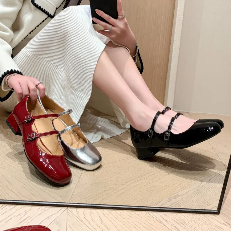 Spring and Autumn Round Toe Color Block Single Shoes Buckle Lambskin Patent Leather Silver Black Red Plus Size Fashion Women's Shoes 9-5h