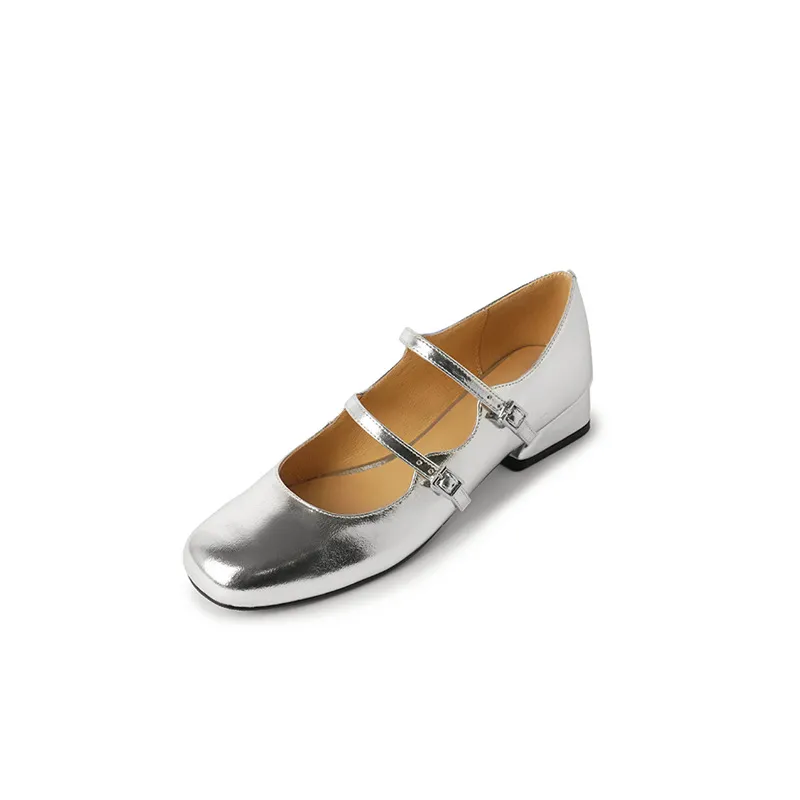 Spring and Autumn Round Toe Color Block Single Shoes Buckle Lambskin Patent Leather Silver Black Red Plus Size Fashion Women's Shoes 9-5h