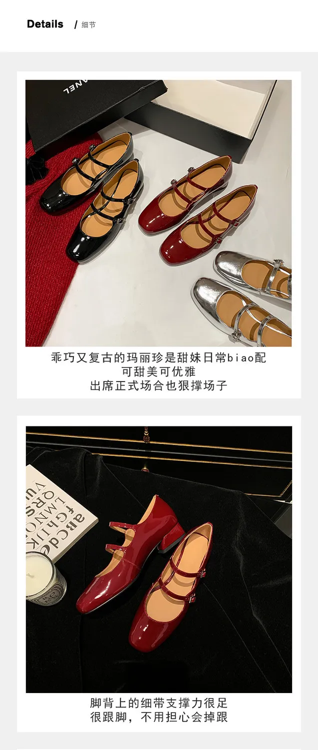Spring and Autumn Round Toe Color Block Single Shoes Buckle Lambskin Patent Leather Silver Black Red Plus Size Fashion Women's Shoes 9-5h