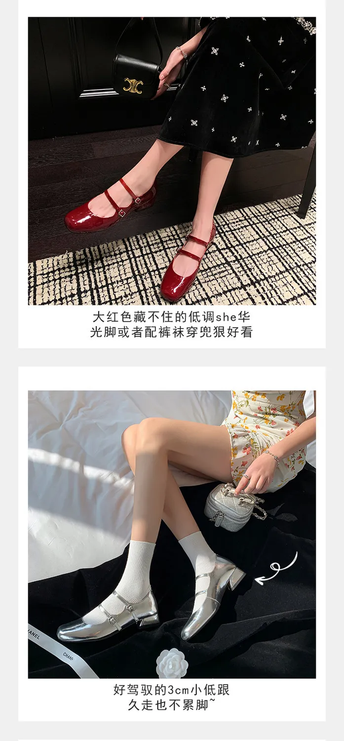 Spring and Autumn Round Toe Color Block Single Shoes Buckle Lambskin Patent Leather Silver Black Red Plus Size Fashion Women's Shoes 9-5h
