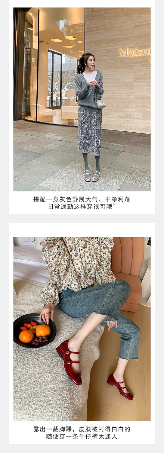 Spring and Autumn Round Toe Color Block Single Shoes Buckle Lambskin Patent Leather Silver Black Red Plus Size Fashion Women's Shoes 9-5h