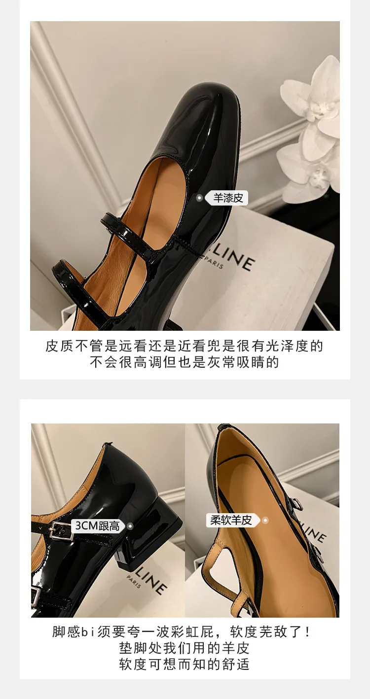 Spring and Autumn Round Toe Color Block Single Shoes Buckle Lambskin Patent Leather Silver Black Red Plus Size Fashion Women's Shoes 9-5h