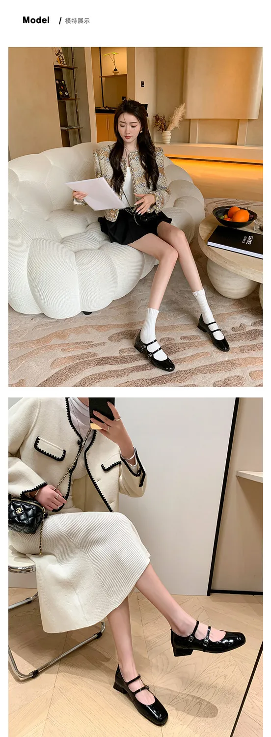 Spring and Autumn Round Toe Color Block Single Shoes Buckle Lambskin Patent Leather Silver Black Red Plus Size Fashion Women's Shoes 9-5h