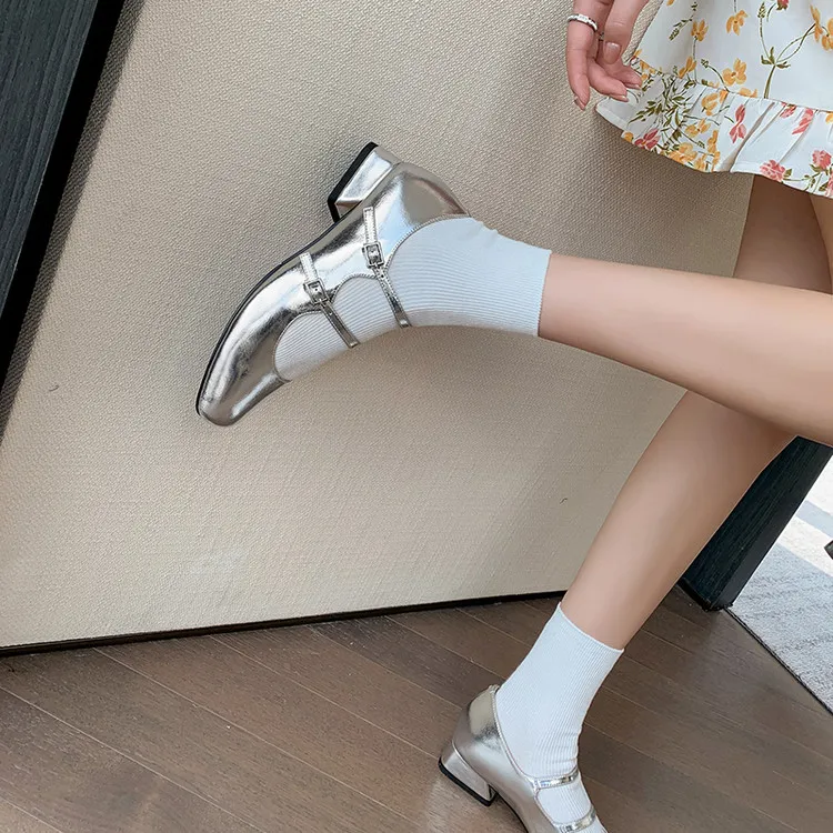 Spring and Autumn Round Toe Color Block Single Shoes Buckle Lambskin Patent Leather Silver Black Red Plus Size Fashion Women's Shoes 9-5h