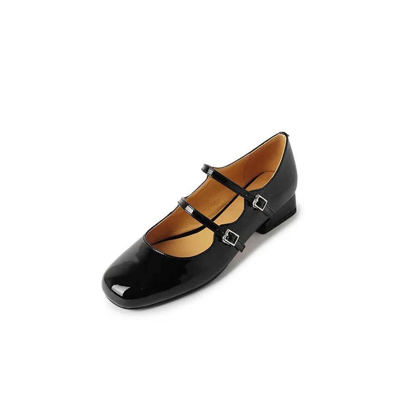 Spring and Autumn Round Toe Color Block Single Shoes Buckle Lambskin Patent Leather Silver Black Red Plus Size Fashion Women's Shoes 9-5h