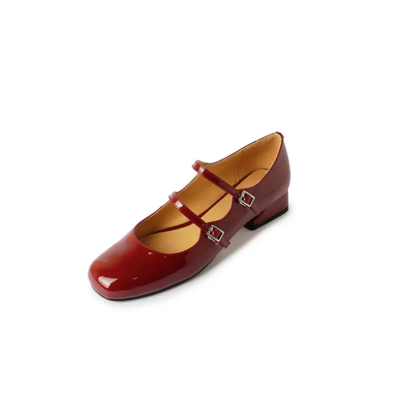 Spring and Autumn Round Toe Color Block Single Shoes Buckle Lambskin Patent Leather Silver Black Red Plus Size Fashion Women's Shoes 9-5h