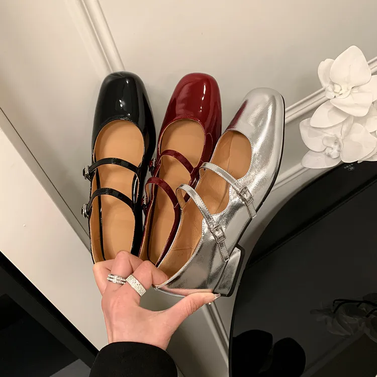 Spring and Autumn Round Toe Color Block Single Shoes Buckle Lambskin Patent Leather Silver Black Red Plus Size Fashion Women's Shoes 9-5h