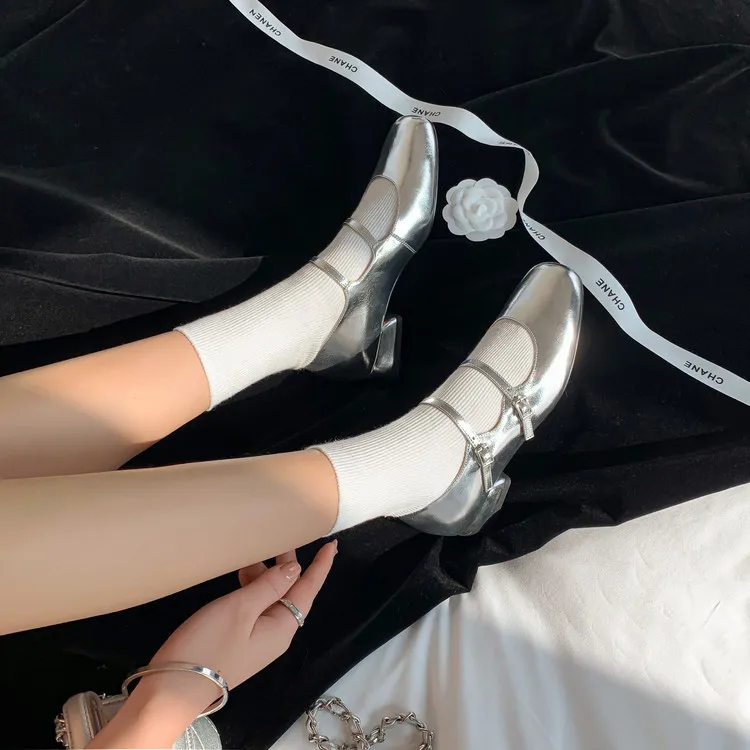 Spring and Autumn Round Toe Color Block Single Shoes Buckle Lambskin Patent Leather Silver Black Red Plus Size Fashion Women's Shoes 9-5h