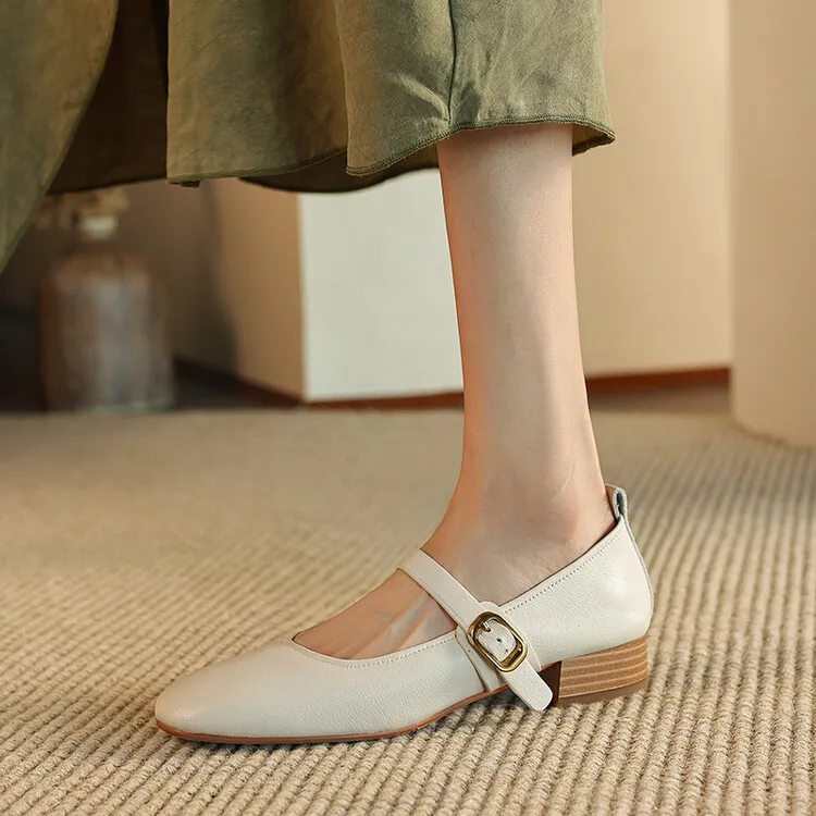 Fashionable women's shoes, autumn round toe, low-cut, chunky mid-heel, single strap, buckle, solid color, simple design. (9-5p)