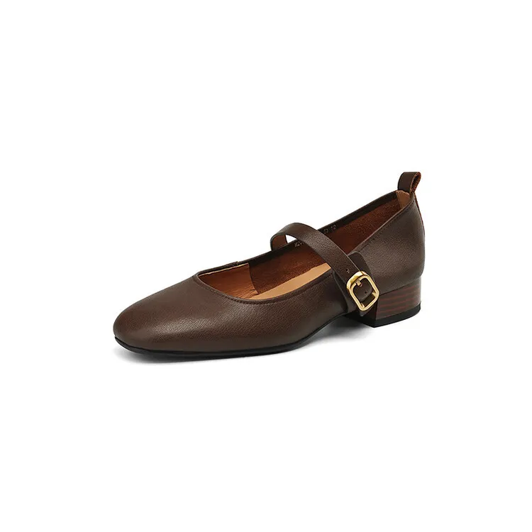 Fashionable women's shoes, autumn round toe, low-cut, chunky mid-heel, single strap, buckle, solid color, simple design. (9-5p)