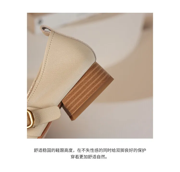 Fashionable women's shoes, autumn round toe, low-cut, chunky mid-heel, single strap, buckle, solid color, simple design. (9-5p)