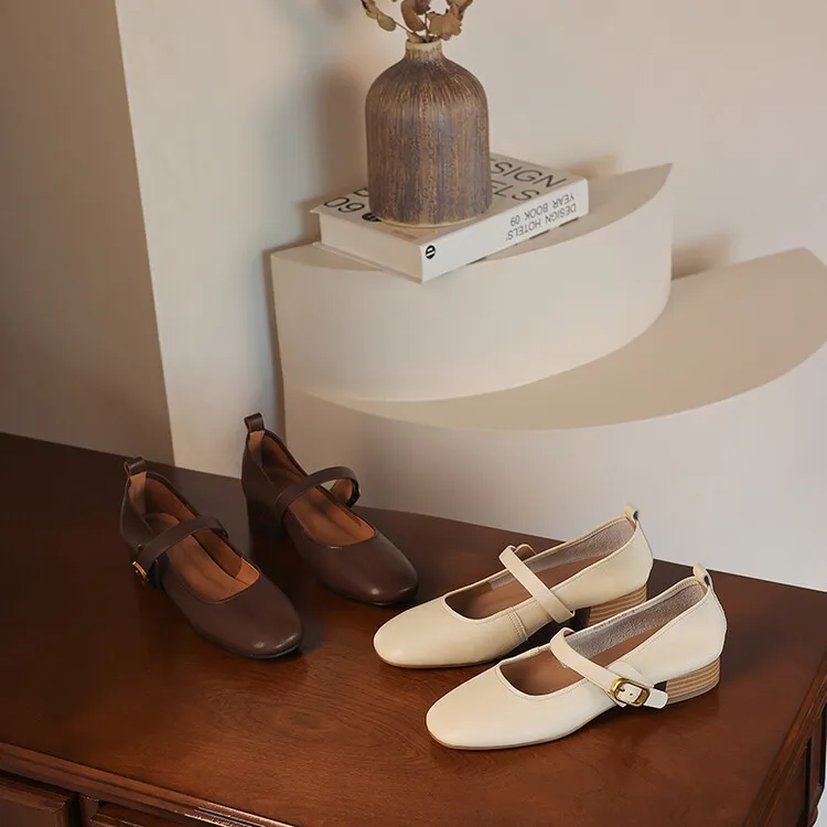 Fashionable women's shoes, autumn round toe, low-cut, chunky mid-heel, single strap, buckle, solid color, simple design. (9-5p)