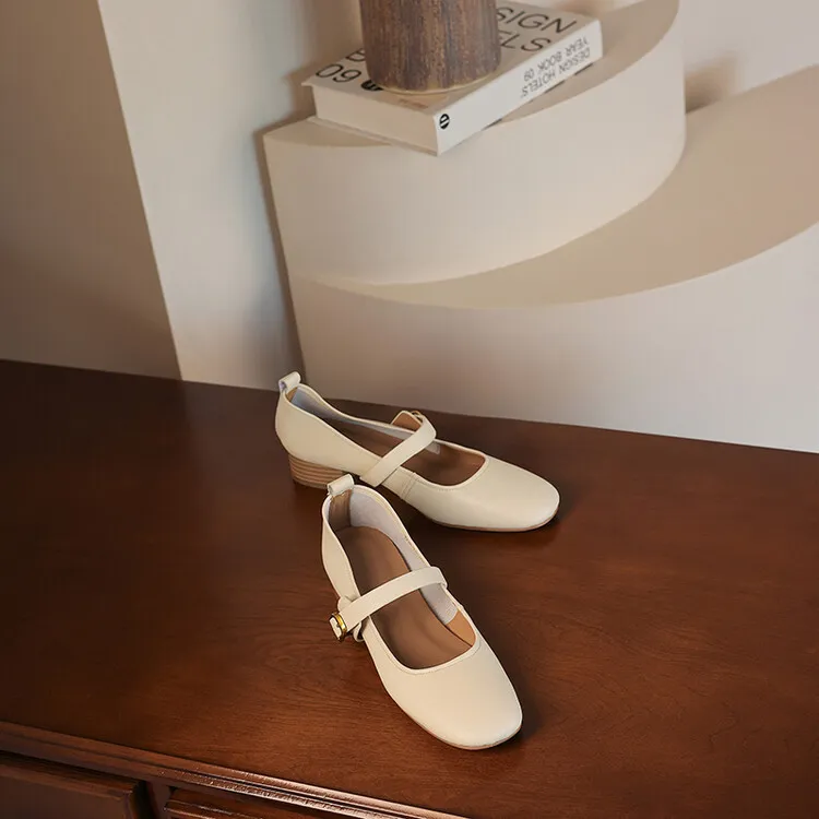 Fashionable women's shoes, autumn round toe, low-cut, chunky mid-heel, single strap, buckle, solid color, simple design. (9-5p)