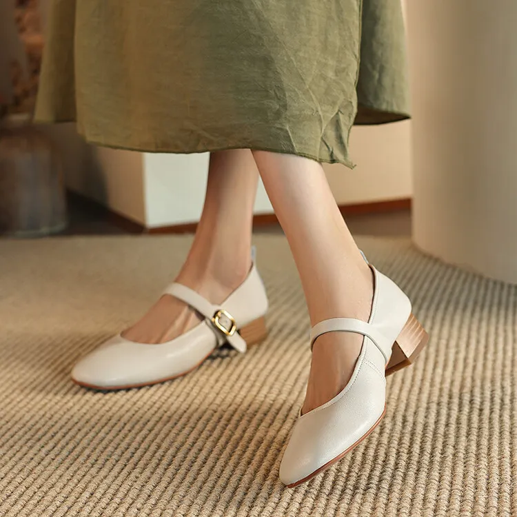 Fashionable women's shoes, autumn round toe, low-cut, chunky mid-heel, single strap, buckle, solid color, simple design. (9-5p)