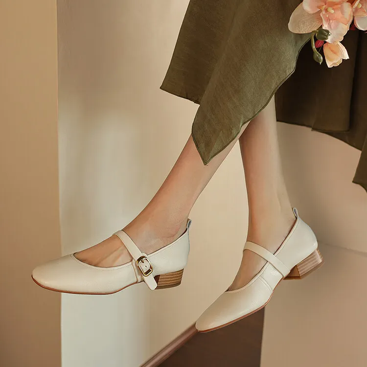 Fashionable women's shoes, autumn round toe, low-cut, chunky mid-heel, single strap, buckle, solid color, simple design. (9-5p)