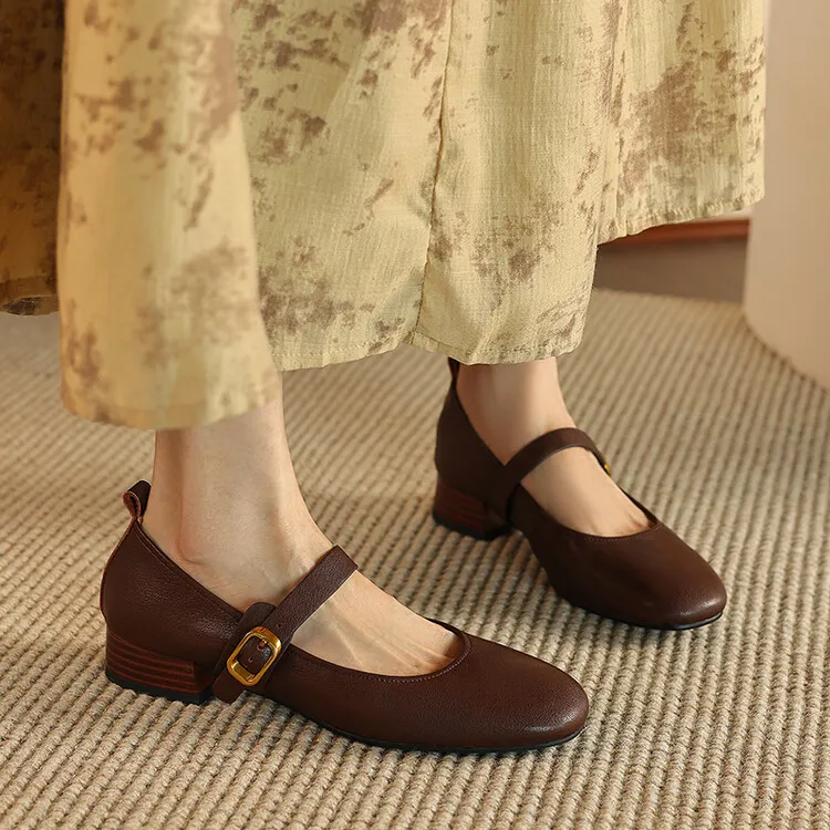 Fashionable women's shoes, autumn round toe, low-cut, chunky mid-heel, single strap, buckle, solid color, simple design. (9-5p)