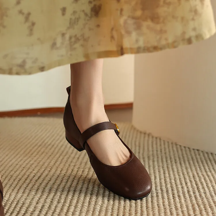 Fashionable women's shoes, autumn round toe, low-cut, chunky mid-heel, single strap, buckle, solid color, simple design. (9-5p)