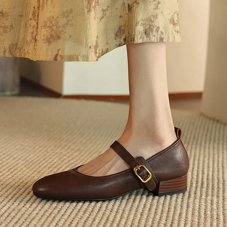 Fashionable women's shoes, autumn round toe, low-cut, chunky mid-heel, single strap, buckle, solid color, simple design. (9-5p)