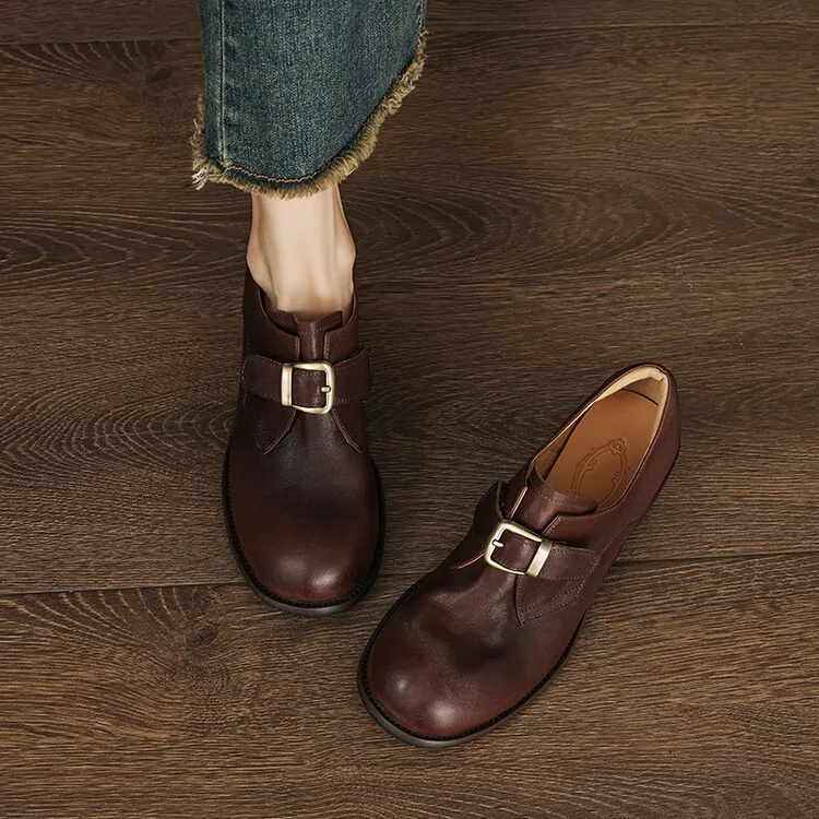 Fashionable and luxurious washed horse leather women's shoes, autumn and winter trendy round toe chunky heel belt buckle fashion shoes 10-4