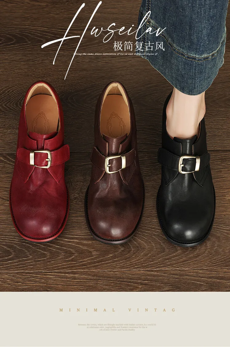 Fashionable and luxurious washed horse leather women's shoes, autumn and winter trendy round toe chunky heel belt buckle fashion shoes 10-4