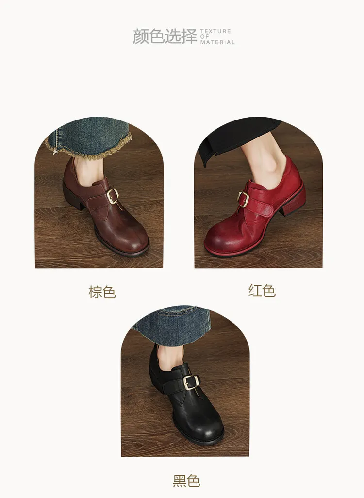 Fashionable and luxurious washed horse leather women's shoes, autumn and winter trendy round toe chunky heel belt buckle fashion shoes 10-4