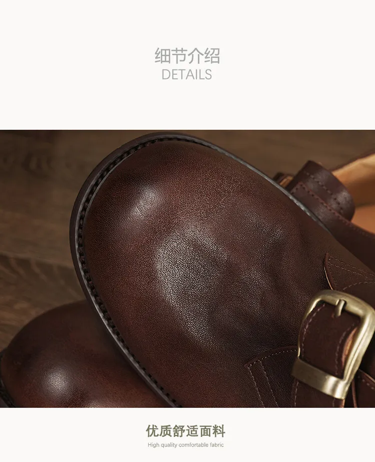 Fashionable and luxurious washed horse leather women's shoes, autumn and winter trendy round toe chunky heel belt buckle fashion shoes 10-4