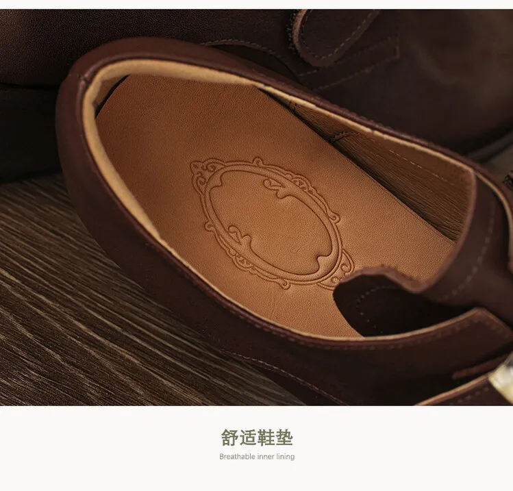 Fashionable and luxurious washed horse leather women's shoes, autumn and winter trendy round toe chunky heel belt buckle fashion shoes 10-4