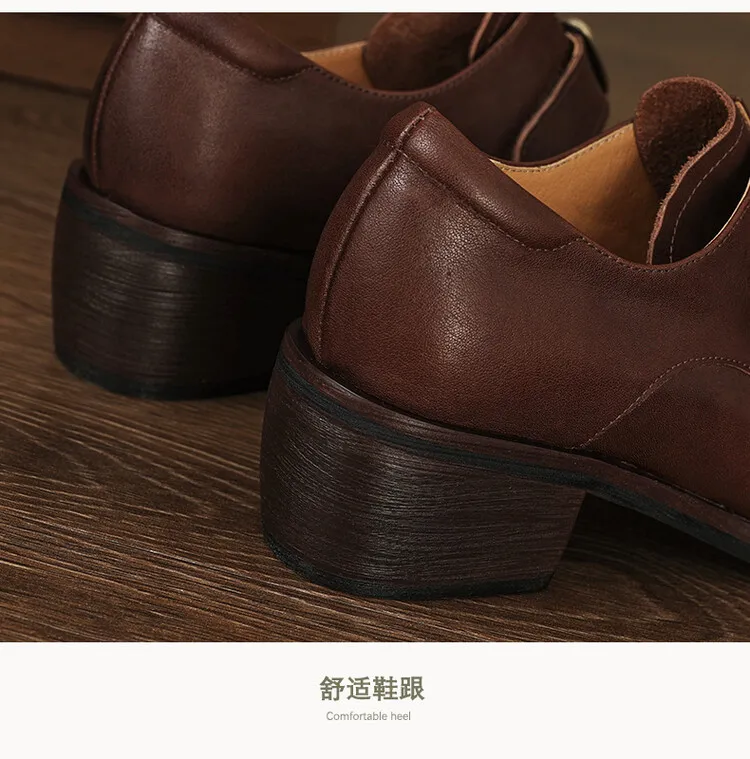 Fashionable and luxurious washed horse leather women's shoes, autumn and winter trendy round toe chunky heel belt buckle fashion shoes 10-4
