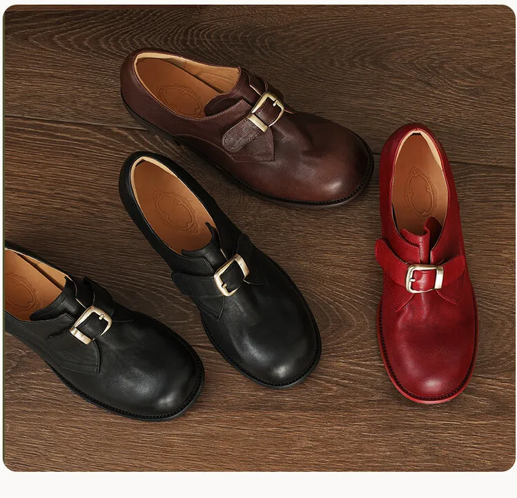 Fashionable and luxurious washed horse leather women's shoes, autumn and winter trendy round toe chunky heel belt buckle fashion shoes 10-4