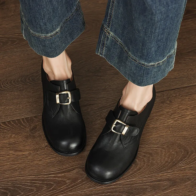 Fashionable and luxurious washed horse leather women's shoes, autumn and winter trendy round toe chunky heel belt buckle fashion shoes 10-4