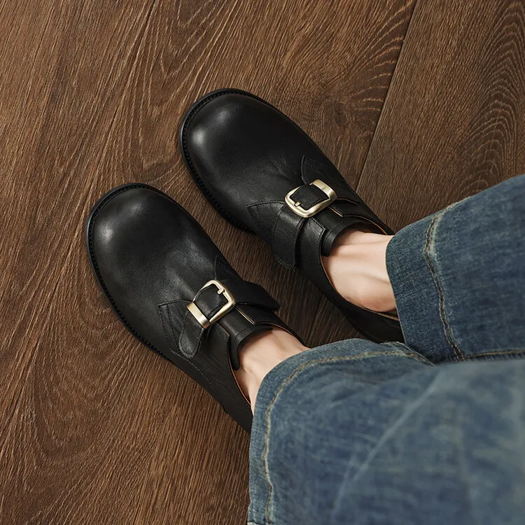 Fashionable and luxurious washed horse leather women's shoes, autumn and winter trendy round toe chunky heel belt buckle fashion shoes 10-4