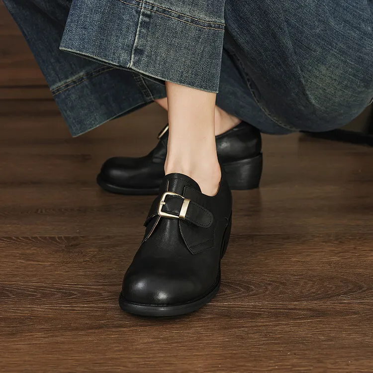 Fashionable and luxurious washed horse leather women's shoes, autumn and winter trendy round toe chunky heel belt buckle fashion shoes 10-4