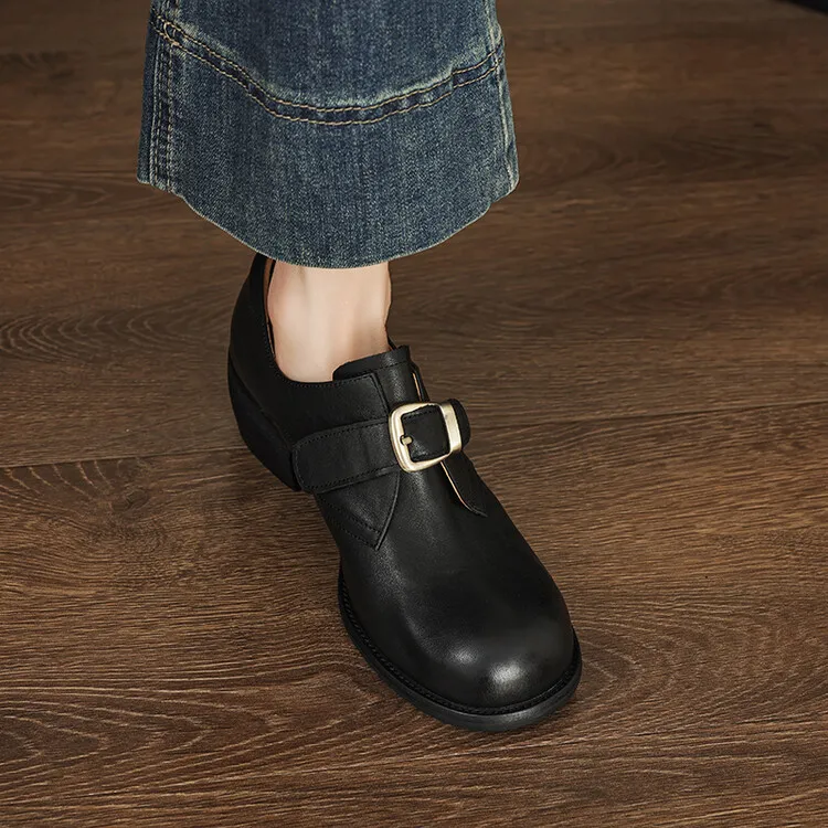Fashionable and luxurious washed horse leather women's shoes, autumn and winter trendy round toe chunky heel belt buckle fashion shoes 10-4