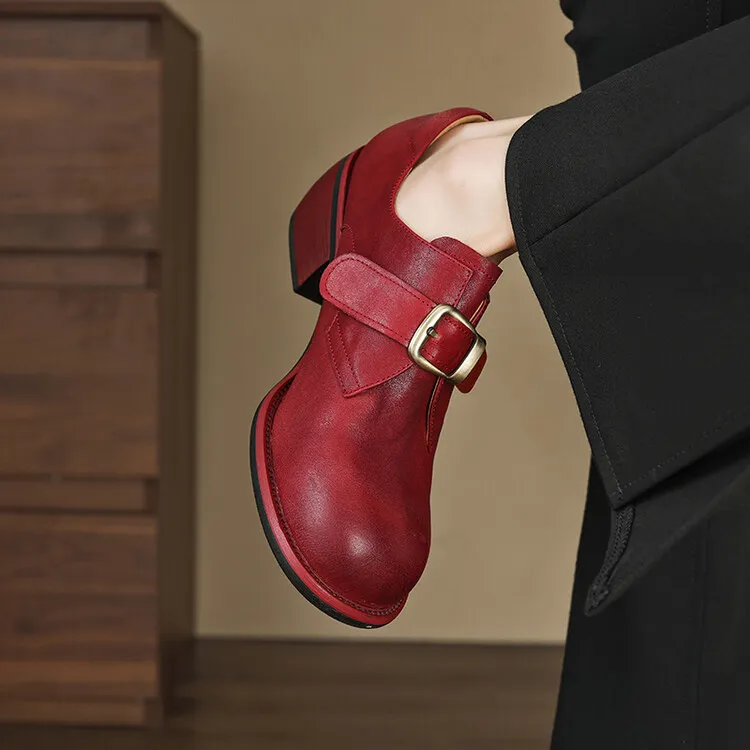 Fashionable and luxurious washed horse leather women's shoes, autumn and winter trendy round toe chunky heel belt buckle fashion shoes 10-4