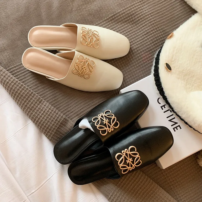 Spring/Summer Fashion Round Toe Leather Open Back Slippers Women's Shoes with Full Leather Lining and Outer Fit and Decorative Buckles