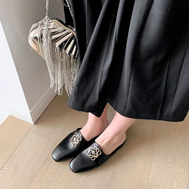 Spring/Summer Fashion Round Toe Leather Open Back Slippers Women's Shoes with Full Leather Lining and Outer Fit and Decorative Buckles