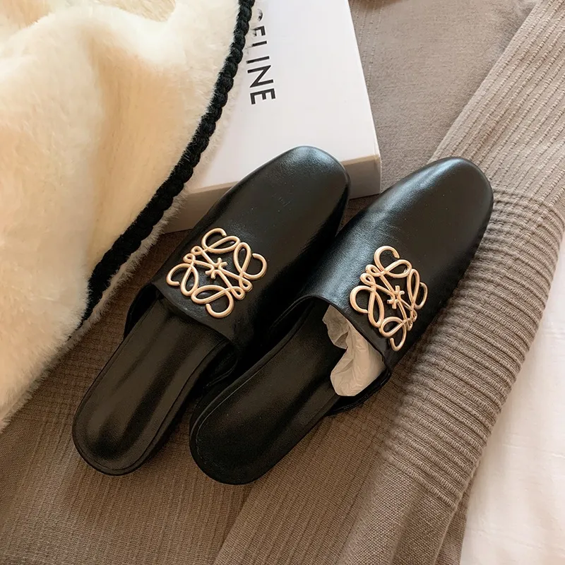 Spring/Summer Fashion Round Toe Leather Open Back Slippers Women's Shoes with Full Leather Lining and Outer Fit and Decorative Buckles