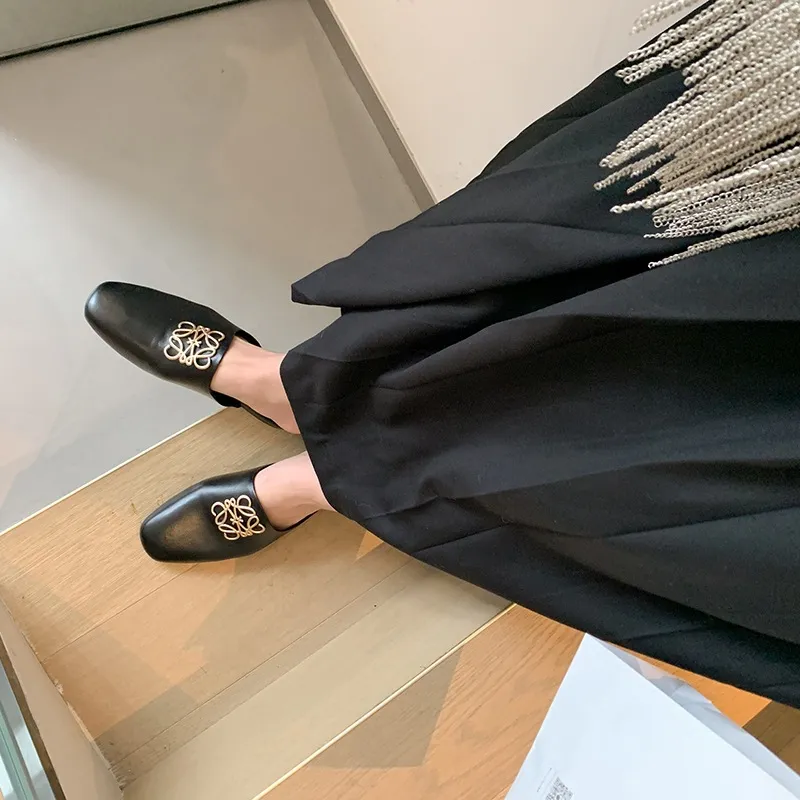 Spring/Summer Fashion Round Toe Leather Open Back Slippers Women's Shoes with Full Leather Lining and Outer Fit and Decorative Buckles