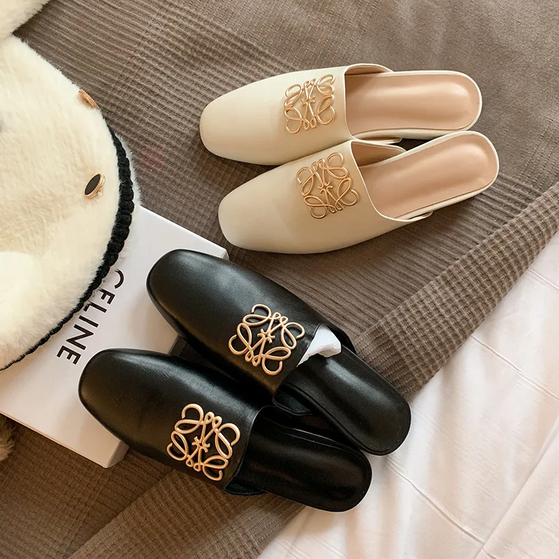 Spring/Summer Fashion Round Toe Leather Open Back Slippers Women's Shoes with Full Leather Lining and Outer Fit and Decorative Buckles