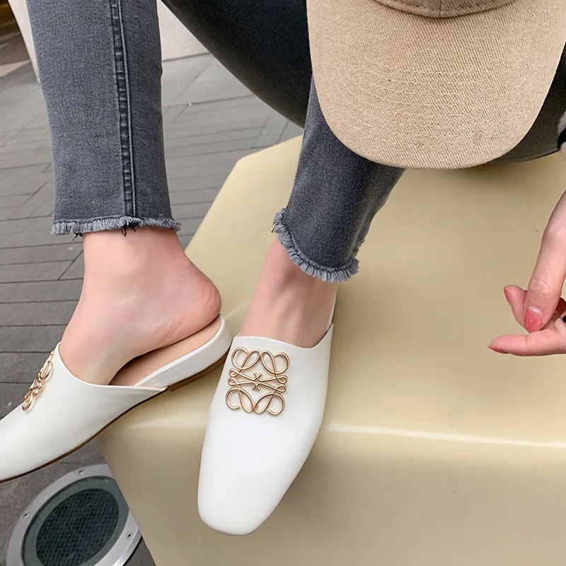 Spring/Summer Fashion Round Toe Leather Open Back Slippers Women's Shoes with Full Leather Lining and Outer Fit and Decorative Buckles