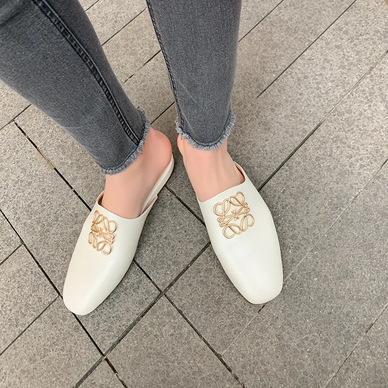 Spring/Summer Fashion Round Toe Leather Open Back Slippers Women's Shoes with Full Leather Lining and Outer Fit and Decorative Buckles