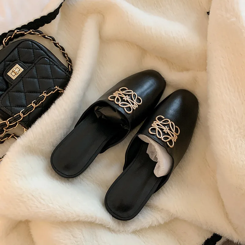 Spring/Summer Fashion Round Toe Leather Open Back Slippers Women's Shoes with Full Leather Lining and Outer Fit and Decorative Buckles