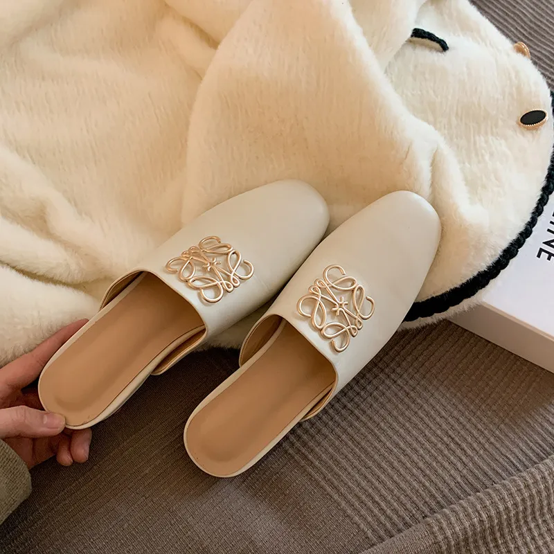 Spring/Summer Fashion Round Toe Leather Open Back Slippers Women's Shoes with Full Leather Lining and Outer Fit and Decorative Buckles