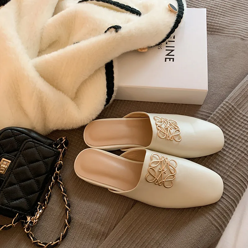 Spring/Summer Fashion Round Toe Leather Open Back Slippers Women's Shoes with Full Leather Lining and Outer Fit and Decorative Buckles
