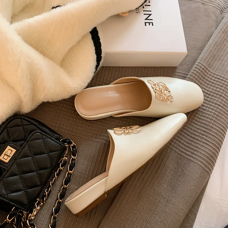 Spring/Summer Fashion Round Toe Leather Open Back Slippers Women's Shoes with Full Leather Lining and Outer Fit and Decorative Buckles