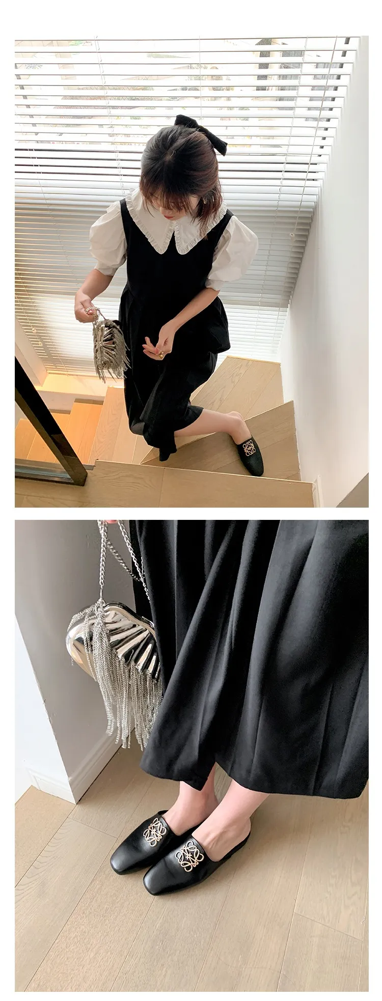 Spring/Summer Fashion Round Toe Leather Open Back Slippers Women's Shoes with Full Leather Lining and Outer Fit and Decorative Buckles