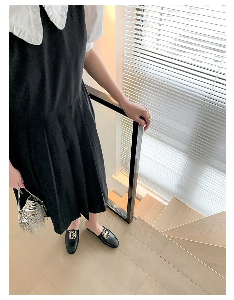 Spring/Summer Fashion Round Toe Leather Open Back Slippers Women's Shoes with Full Leather Lining and Outer Fit and Decorative Buckles
