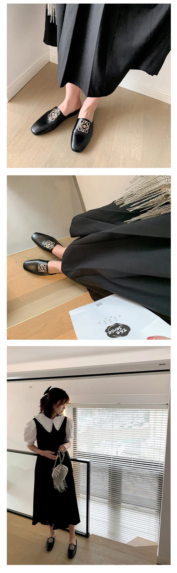 Spring/Summer Fashion Round Toe Leather Open Back Slippers Women's Shoes with Full Leather Lining and Outer Fit and Decorative Buckles